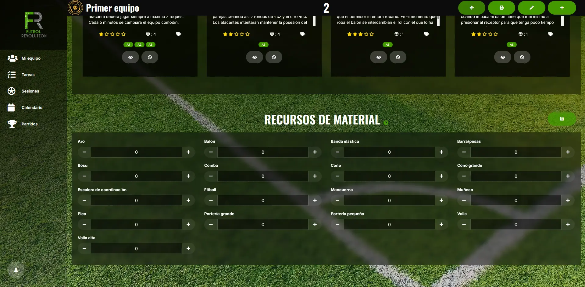 Material necesario para el entrenamiento en Fútbol Revolution
