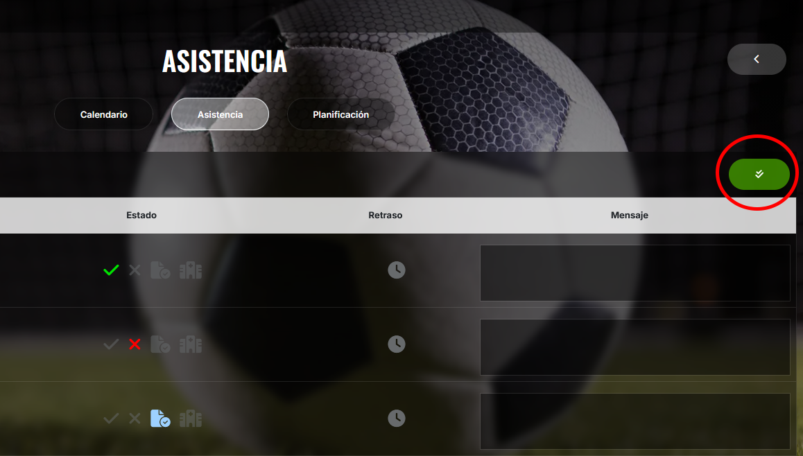 Nuevo botón para marcar la asistencia de todos los jugadores en Fútbol Revolution